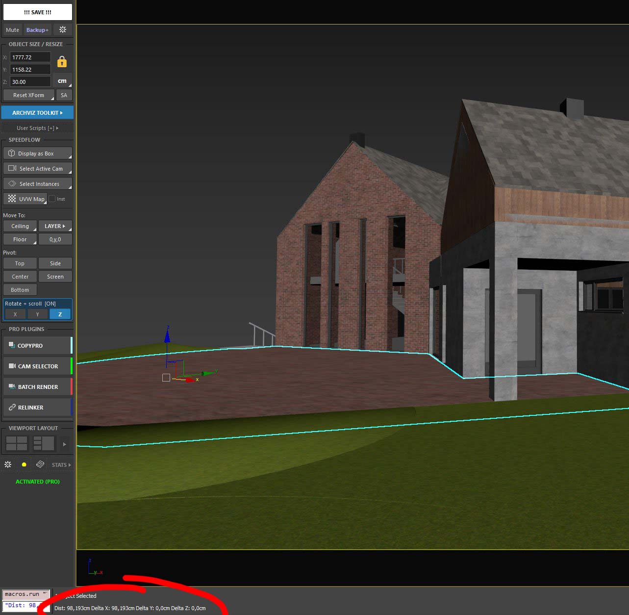 3ds Max Measure Distance tool showing the distance between two points in the status bar