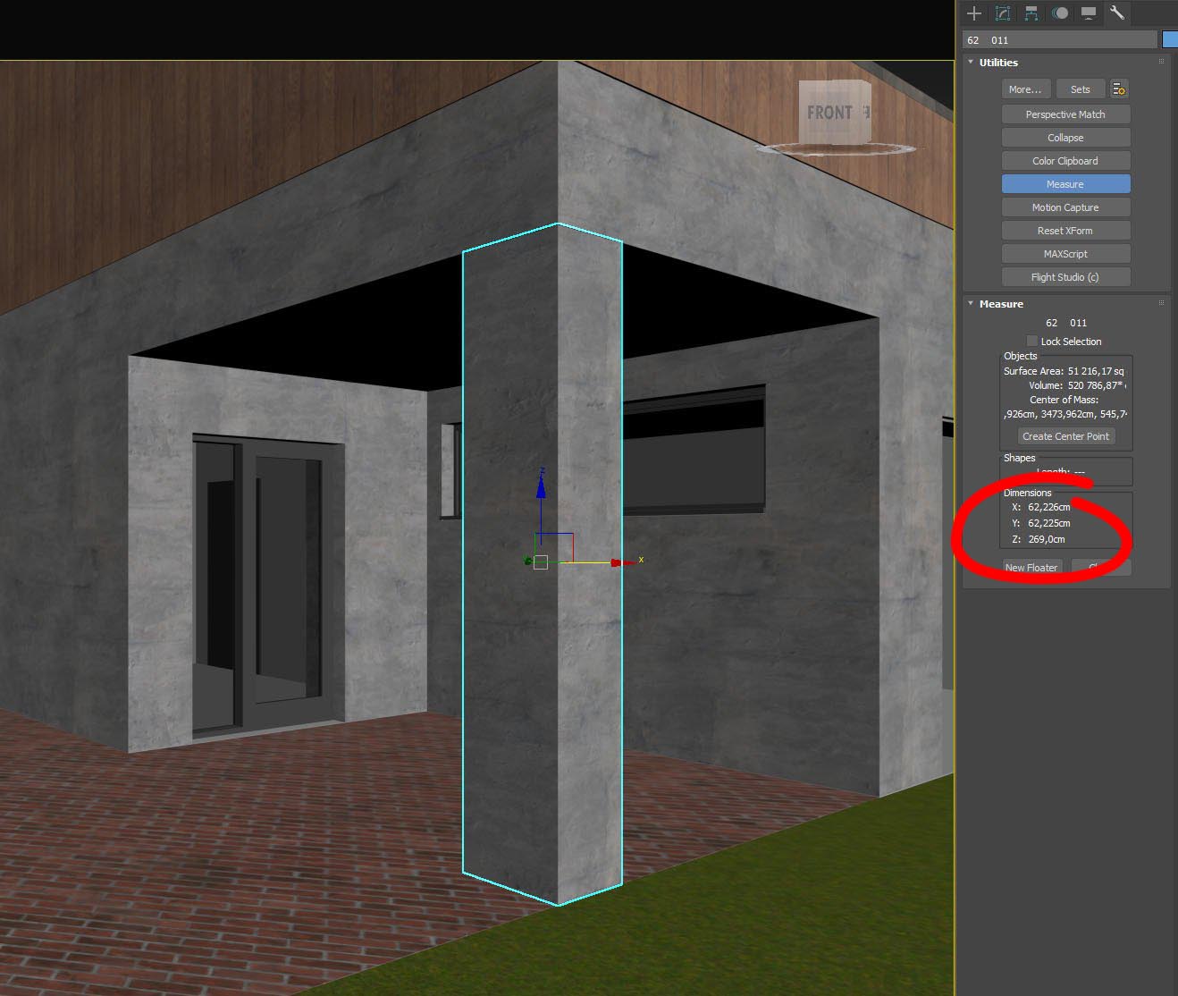 3ds Max Measure utility reporting bounding-box dimensions, surface area and volume of a selected column