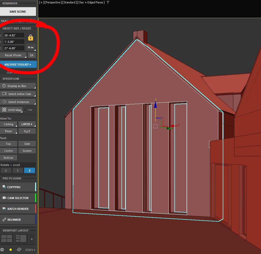 A house model in 3ds Max with its overall dimensions shown in feet and inches by ArchViz Toolkit