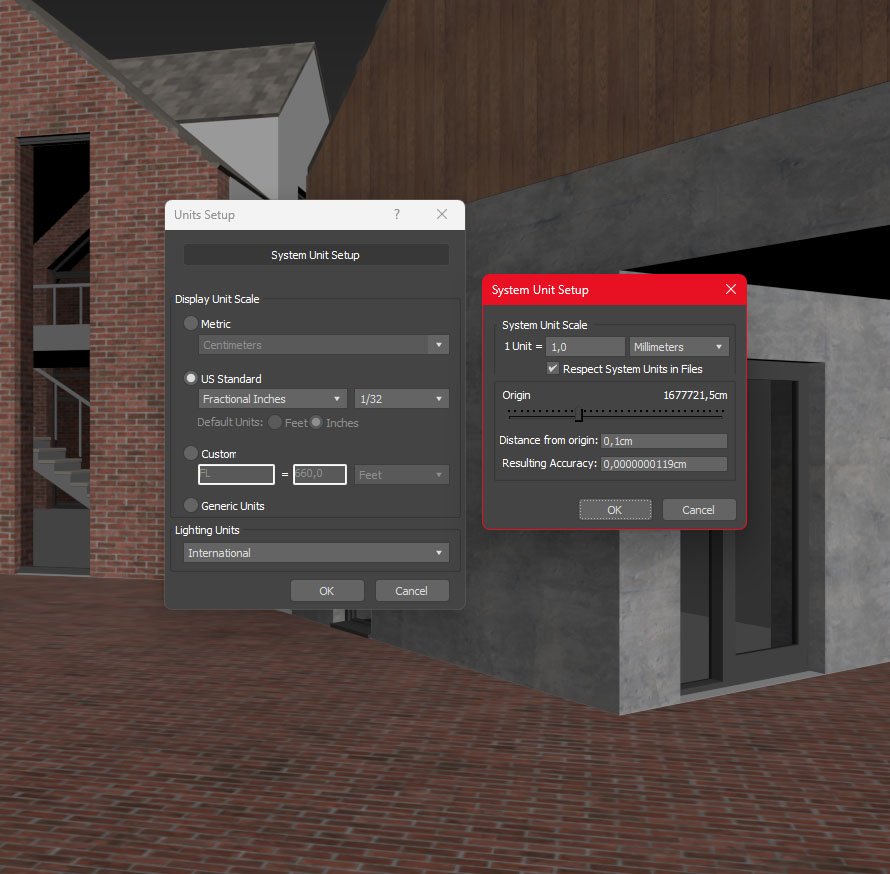 3ds Max Units Setup and System Unit Setup dialogs set to US Standard fractional inches