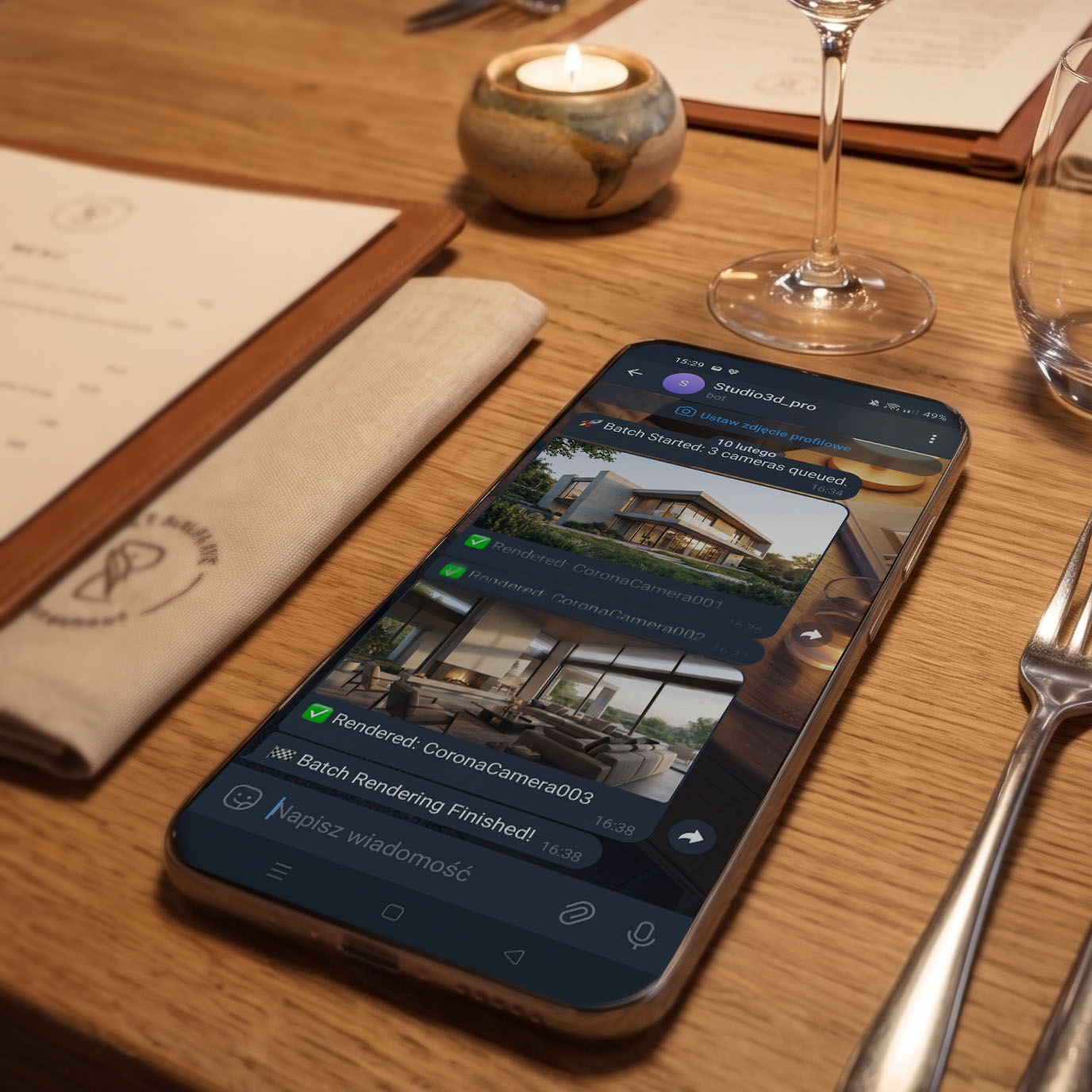 Telegram app on a smartphone showing automated 3ds Max render completion notifications