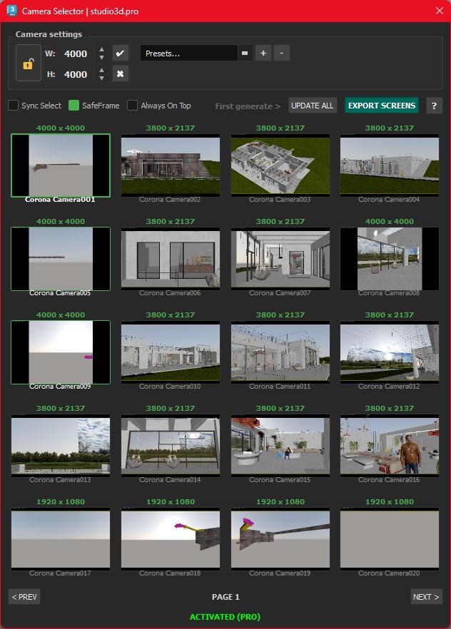 Camera management list in 3ds Max showing custom resolutions and aspect ratios for individual views