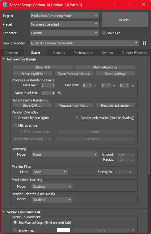Progressive Rendering Limits panel in Corona Render Setup for 3ds Max