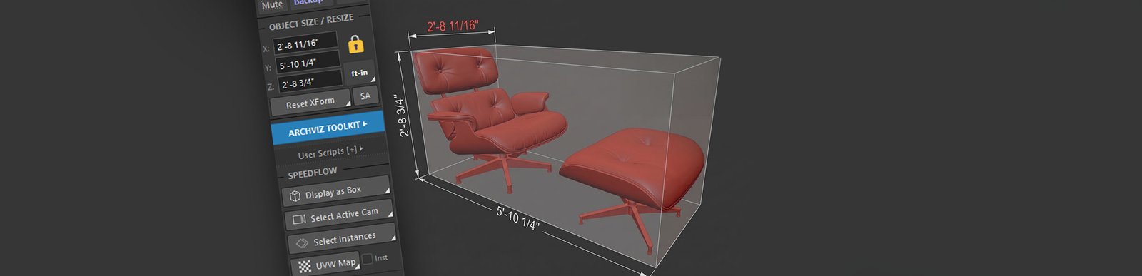 ArchViz Toolkit 5.8 showing an armchair model with dimensions in feet and inches in 3ds Max