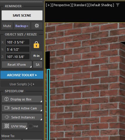 ArchViz Toolkit size fields displaying fractional-inch dimensions such as 5 feet 6 and a half inches
