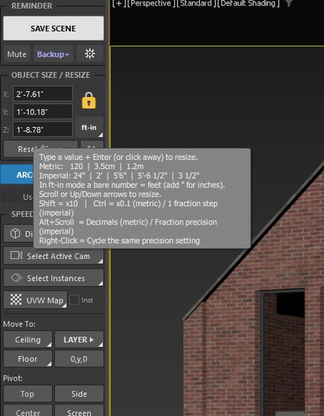 ArchViz Toolkit size field tooltip listing accepted metric and imperial input formats