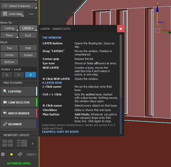 ArchViz Toolkit layer shortcuts cheat-sheet opened next to the layer list in 3ds Max