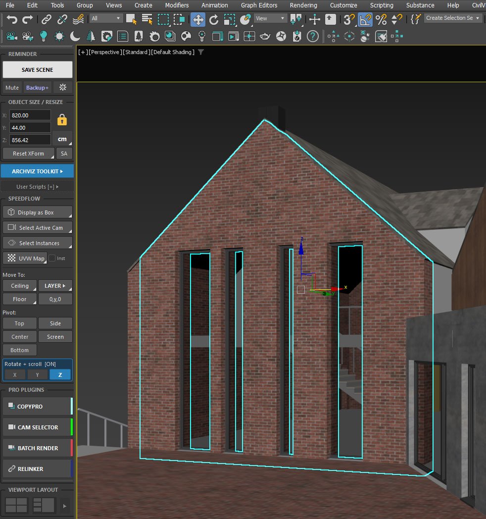 ArchViz Toolkit OBJECT SIZE / RESIZE panel docked in 3ds Max showing the selected object dimensions