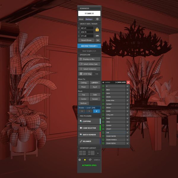 ArchViz Toolkit panel with its tool menu open in 3ds Max over an interior scene