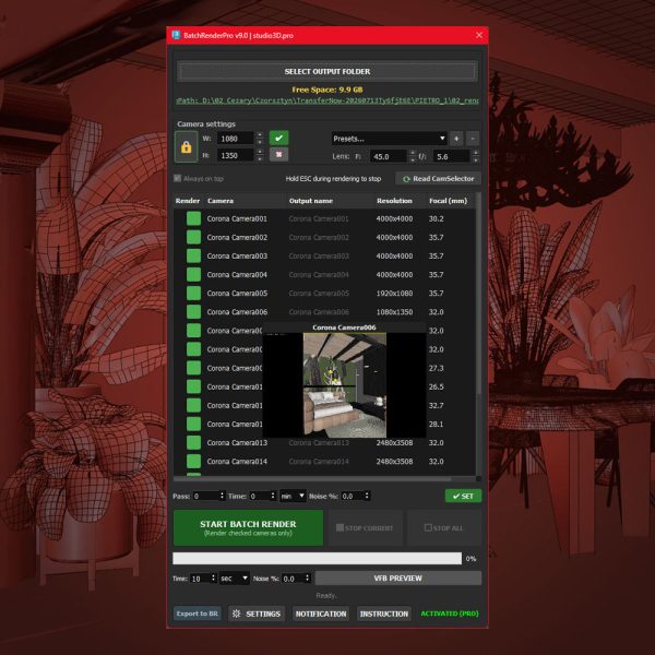 Batch Render Pro panel with a multi-camera render queue open in 3ds Max