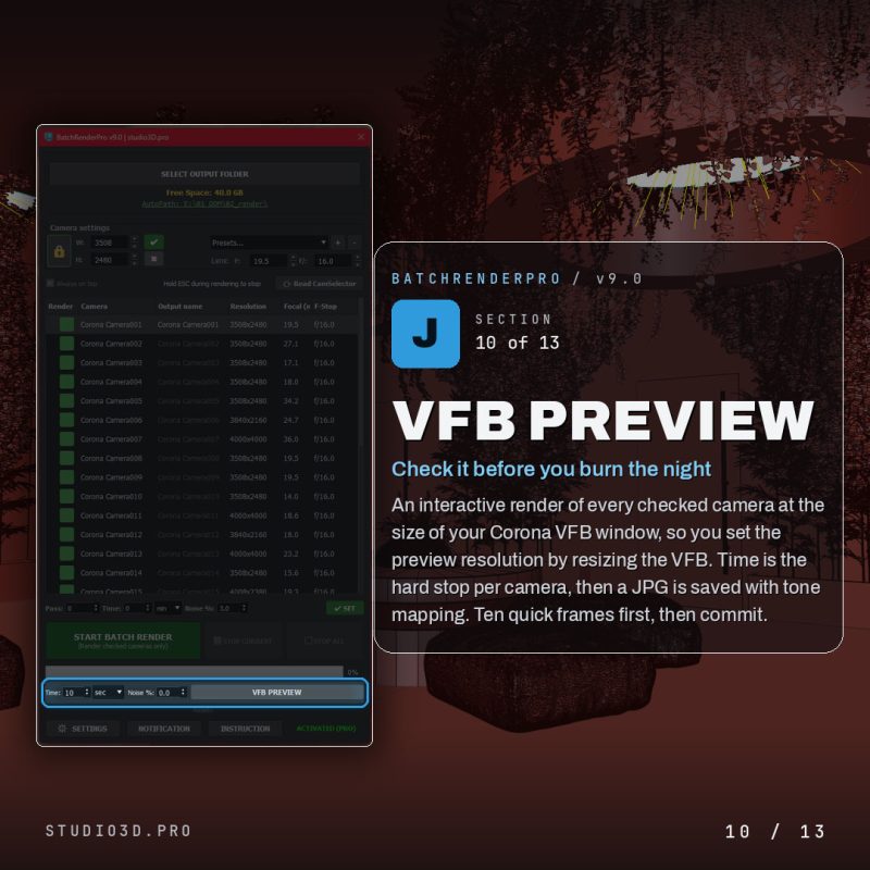 Watching render progress in the VFB preview window of Batch Render Pro for 3ds Max