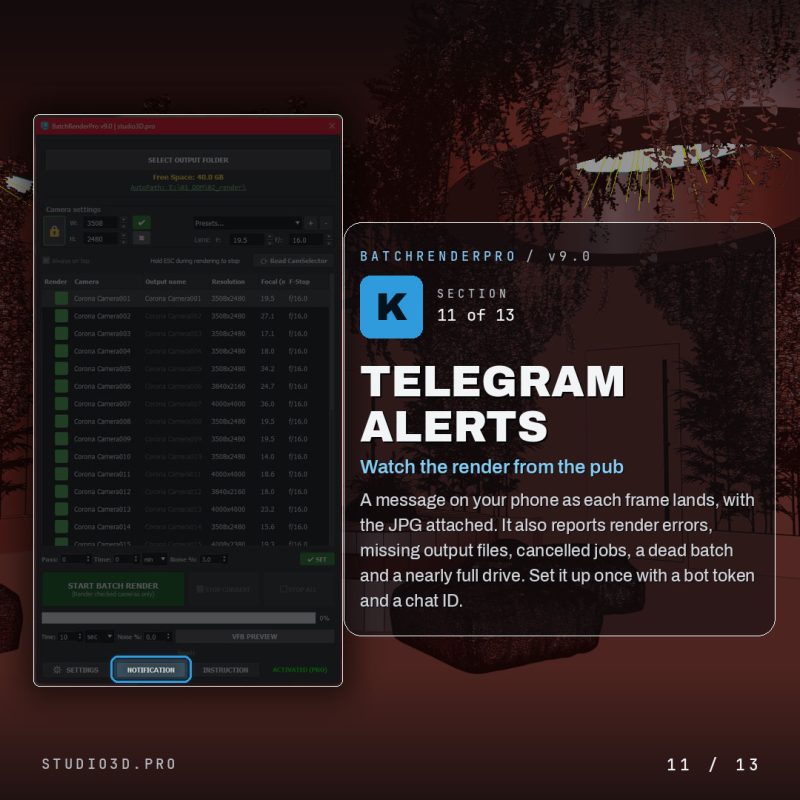 Telegram alerts notifying an archviz artist when a 3ds Max batch render finishes