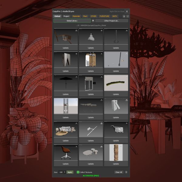 CopyPro asset library panel with 3d model thumbnails open in 3ds Max