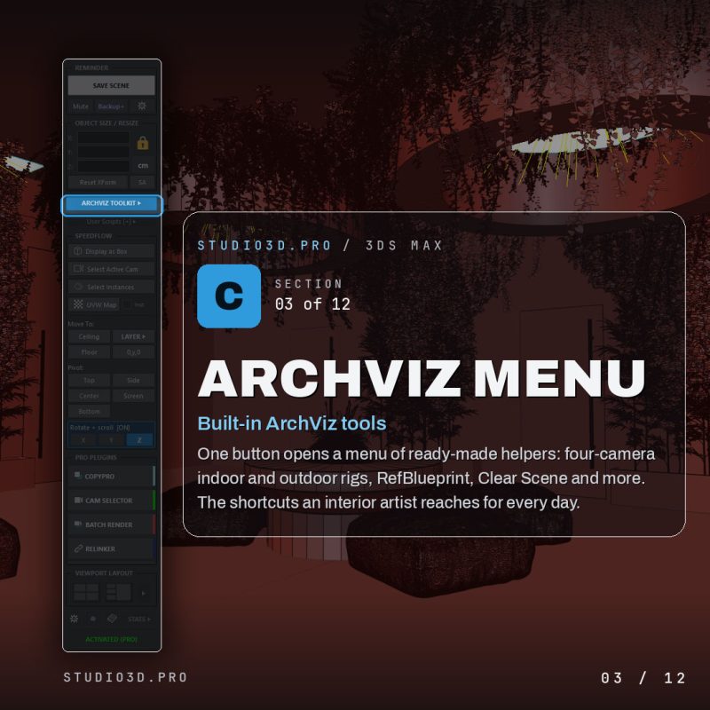 Built-in ArchViz menu grouping everyday tools in ArchViz Toolkit for 3ds Max