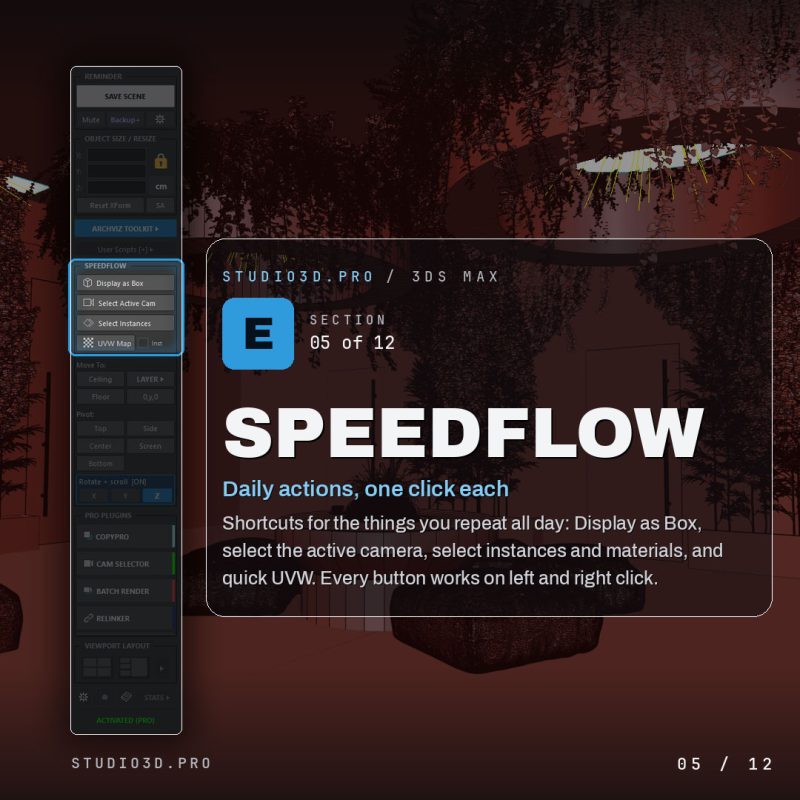Speedflow one-click shortcuts for daily archviz actions in ArchViz Toolkit for 3ds Max