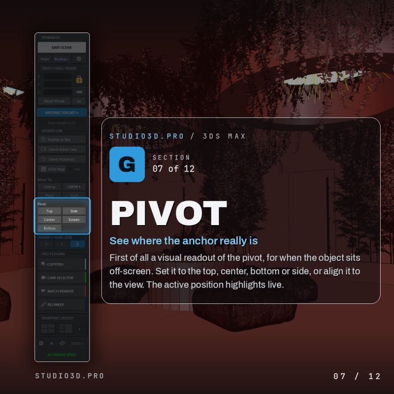 Showing where an object pivot anchor really sits in ArchViz Toolkit for 3ds Max
