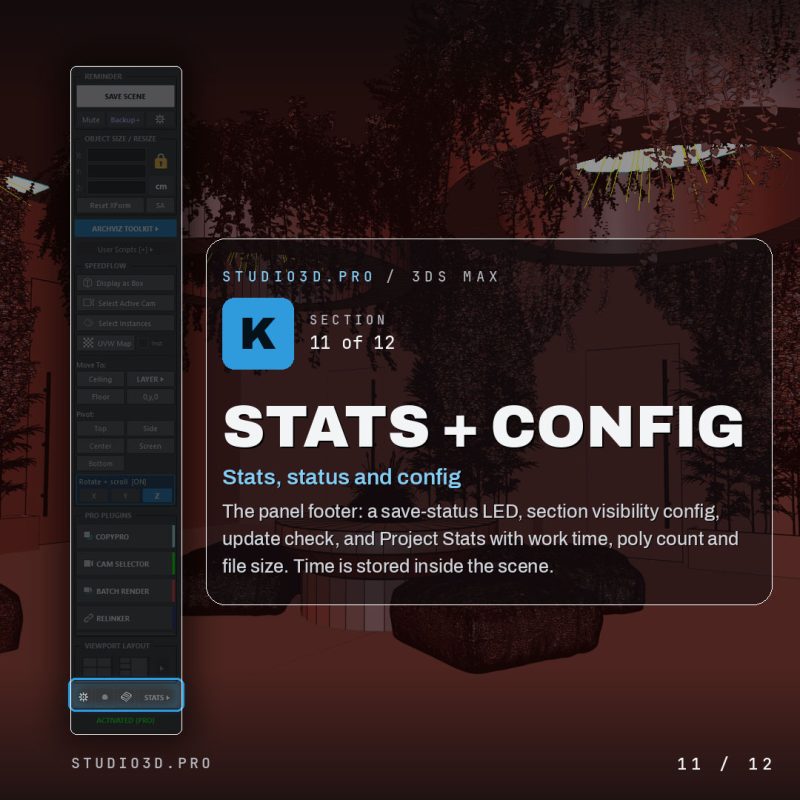 Scene stats, status and configuration panel in ArchViz Toolkit for 3ds Max
