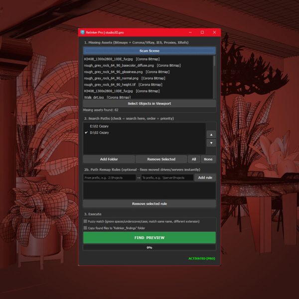 Relinker Pro panel open in 3ds Max over an interior archviz scene, listing missing assets