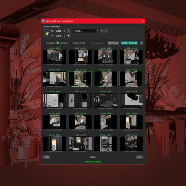 Camera Selector panel showing a grid of camera thumbnails in 3ds Max